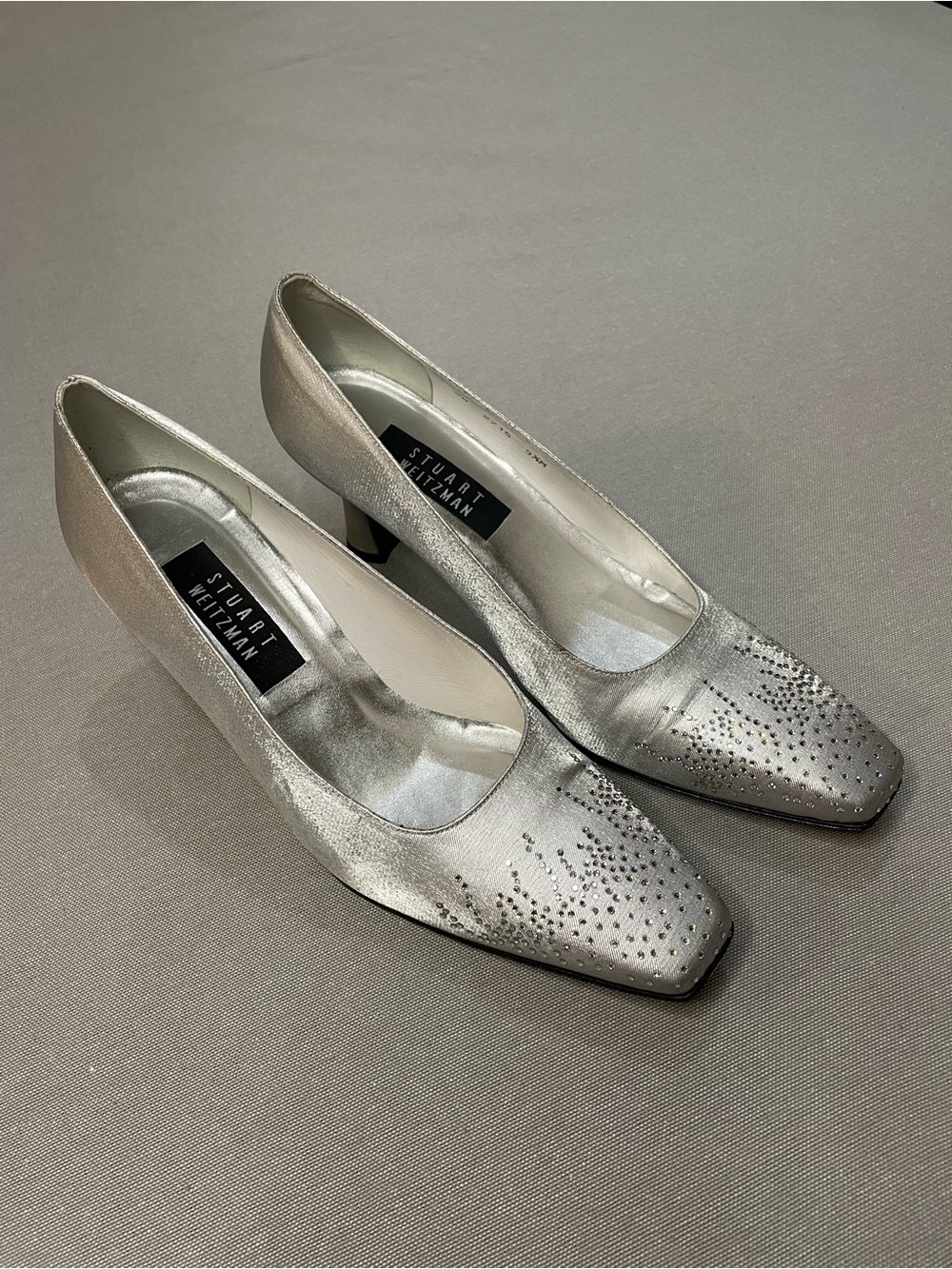 Stuart Weitzman Vintage Silver Square-Toe Crystal Rhinestone Accent Pumps 8.5